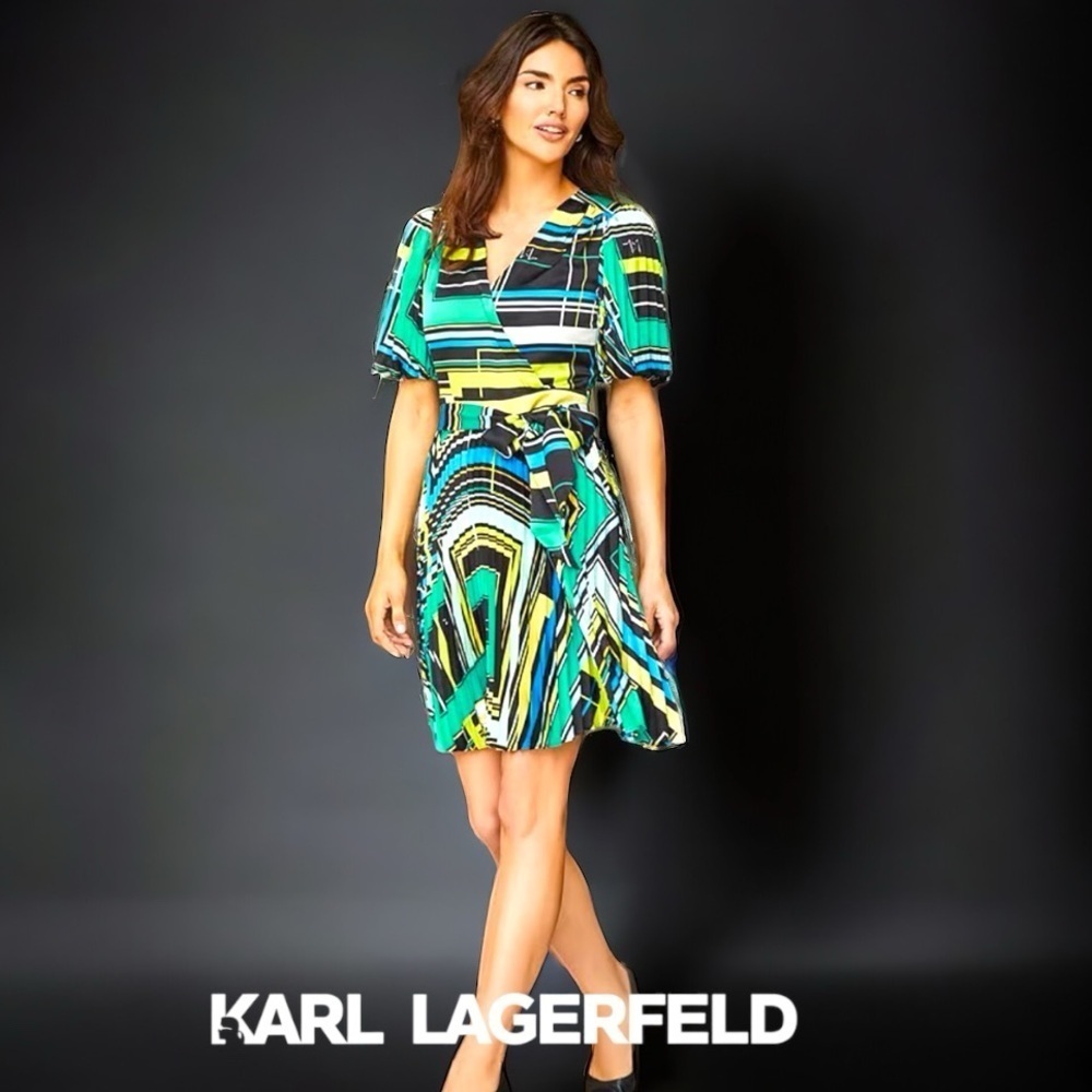 KARL LAGERFELD Geometric Surplice V Neckline Pleated Sleeve Wrap Dress, NEW